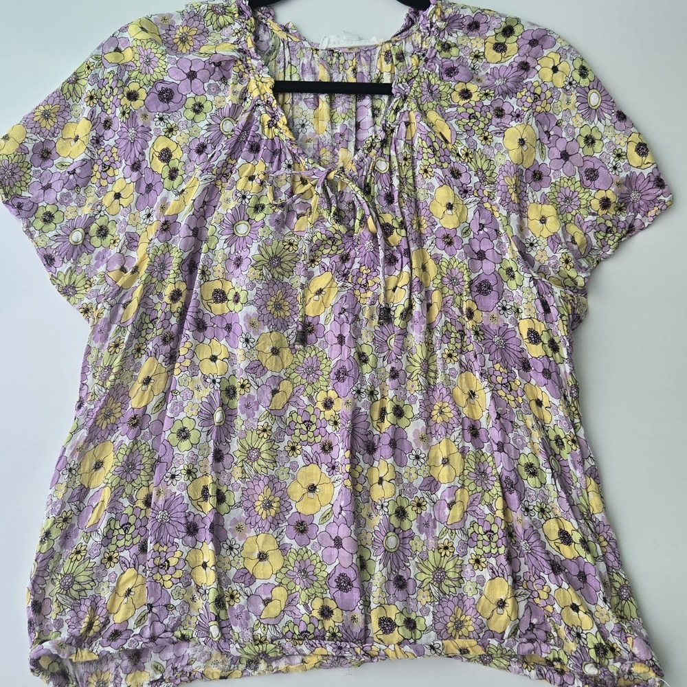 Jane Delancy Floral Print‎ Blouse V-Neck Tie Short Sleeve Women XL Purple Yellow